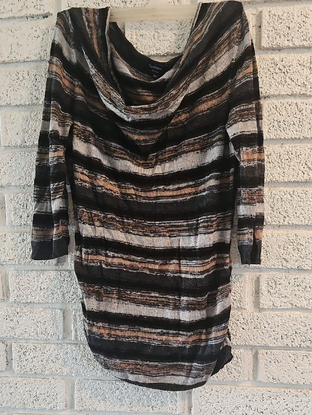 Reitmans Black, Brown and White Striped Cowl Neck Long Sleeve Dress